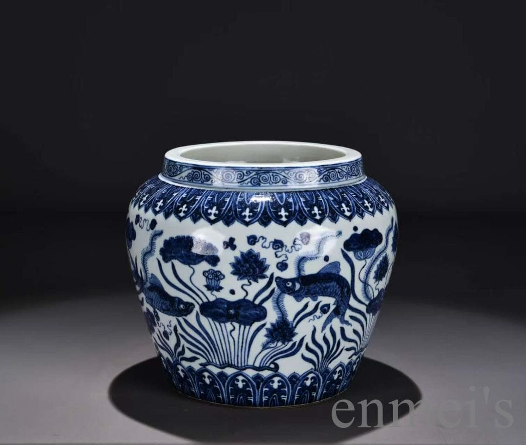 中国古美術・明代・宣徳・青花磁・巻缸・壺・魚藻紋・唐物・古玩・花瓶・水注・陶磁器