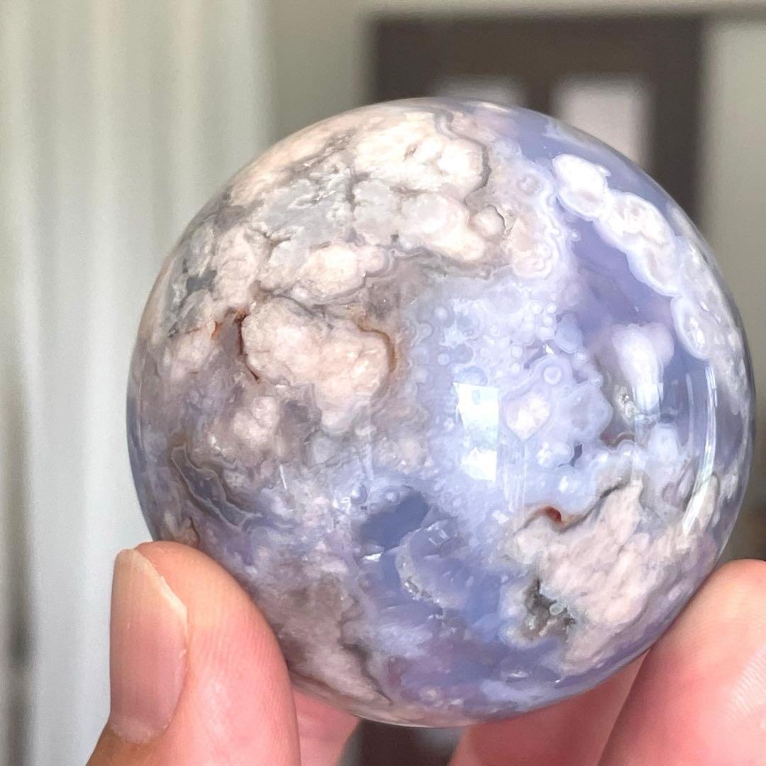 54mm大きなブルー桜瑪瑙 スフィア 天然石 置物