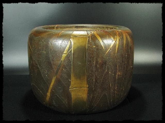 金蒔絵 桐丸 火鉢 一対 竹鳥文 スズメ 囲炉裏 茶道具 e59