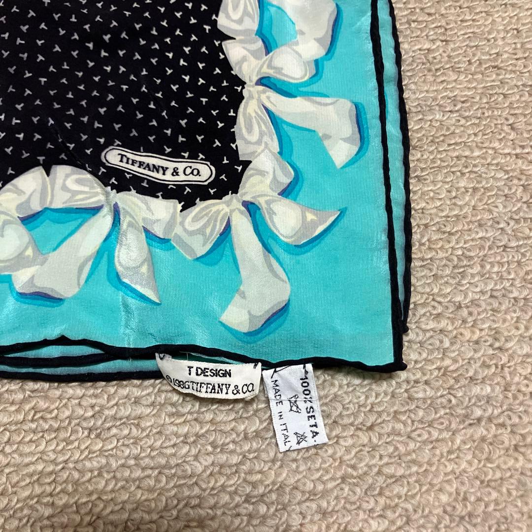 ティファニー ハンカチ ポケットチーフ リボン 黒 ブルー シルク100％