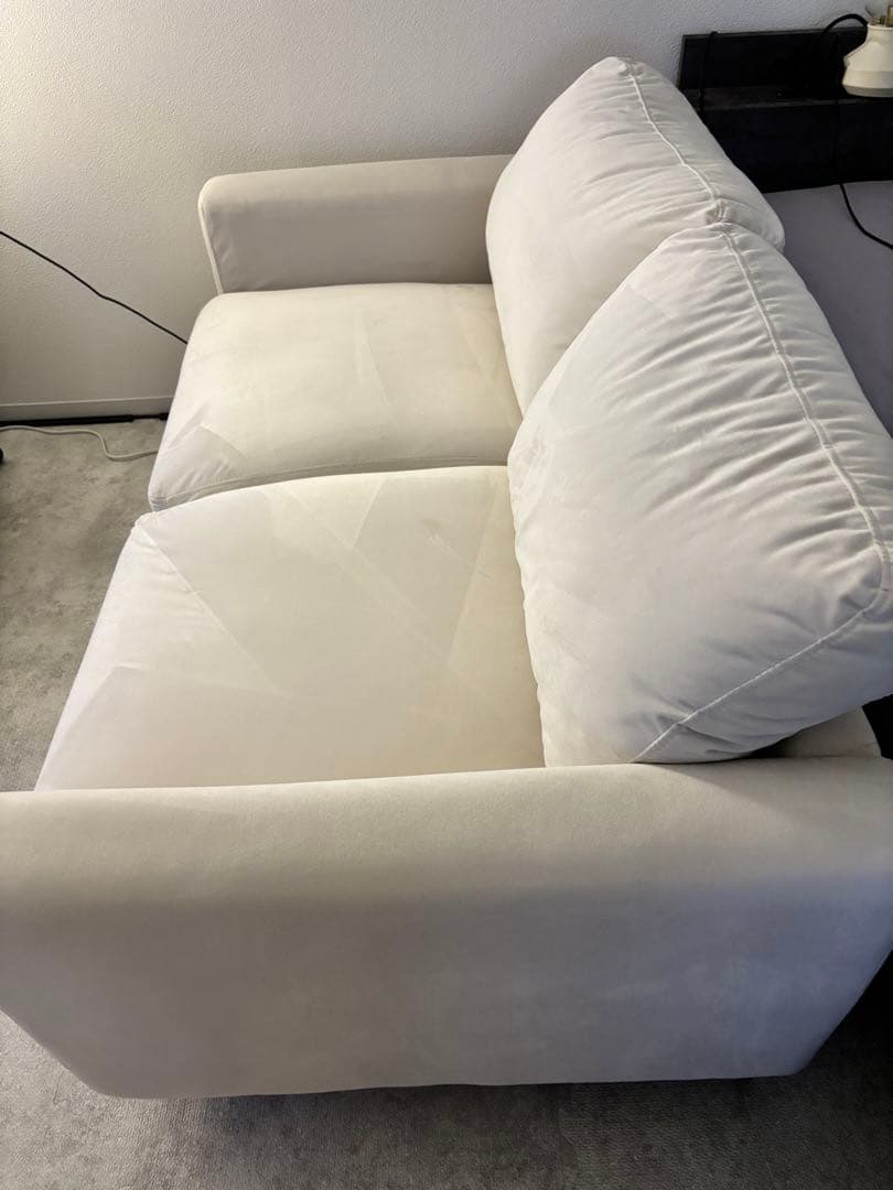 【オフホワイト】2人がけベロア素材ソファ