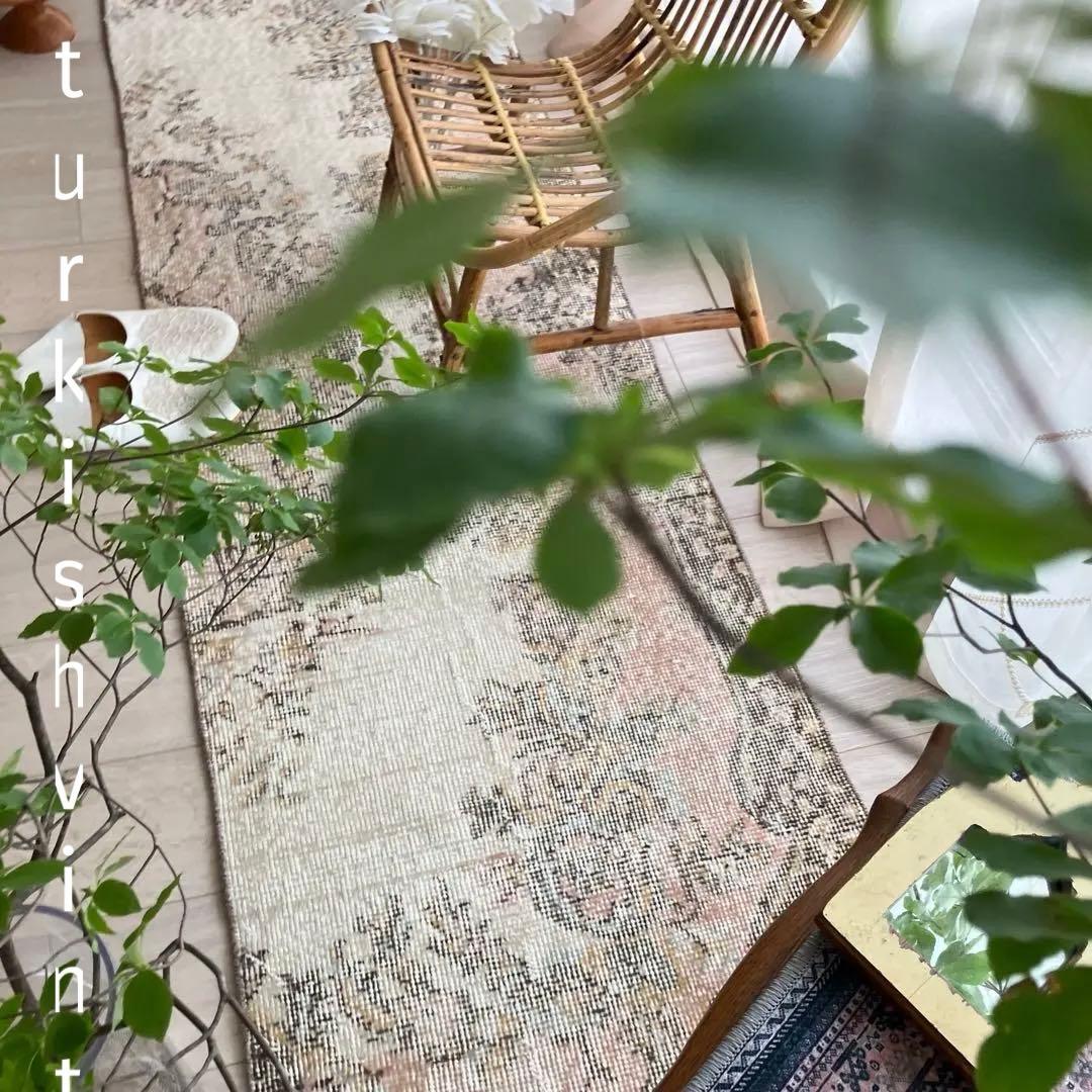 カフェオレ59×216ピンク　ブラウン　超ロングランナー　トルコヴィンテージラグ