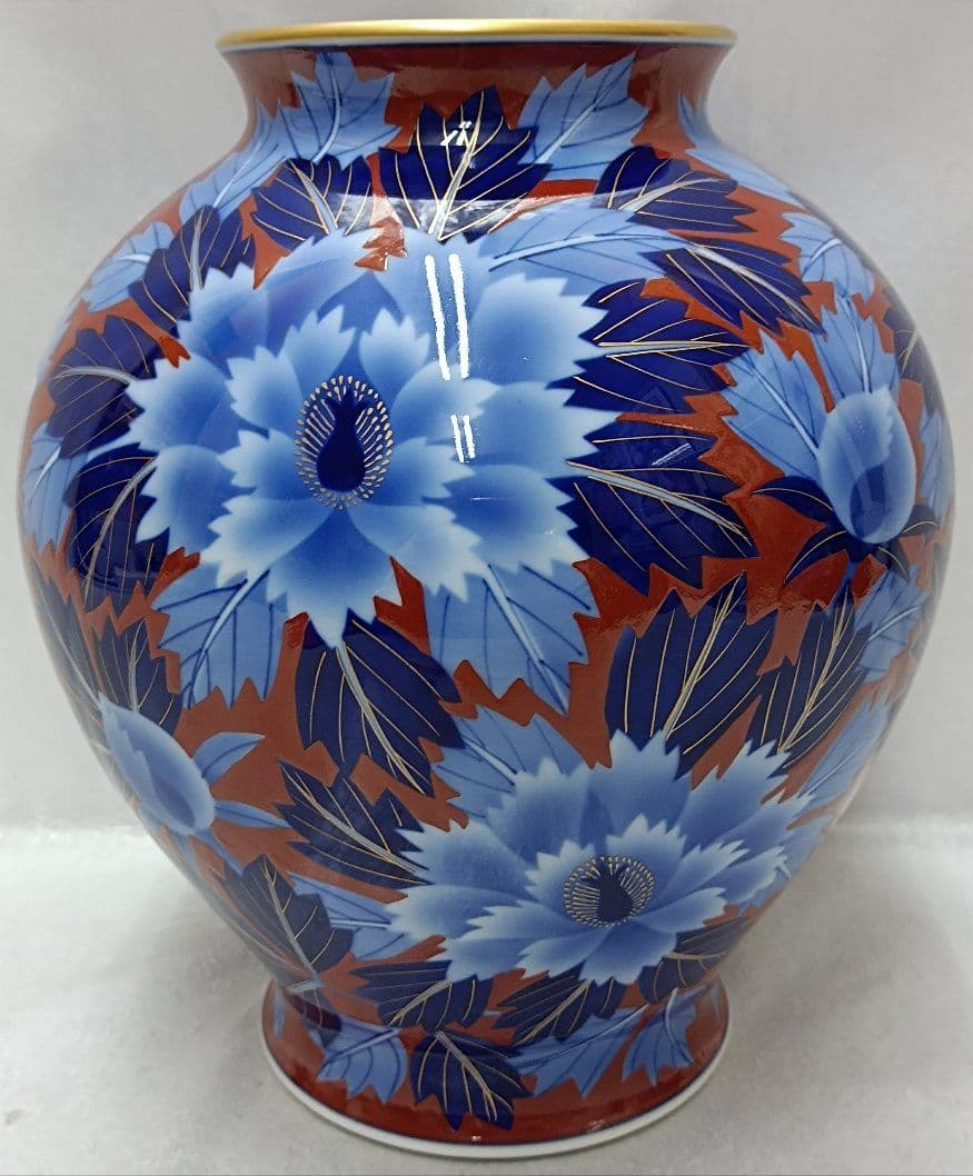 オールド香蘭社　レア陶印ロゴ金線　木蓮紋染付赤瑠璃金彩花瓶・飾り壺