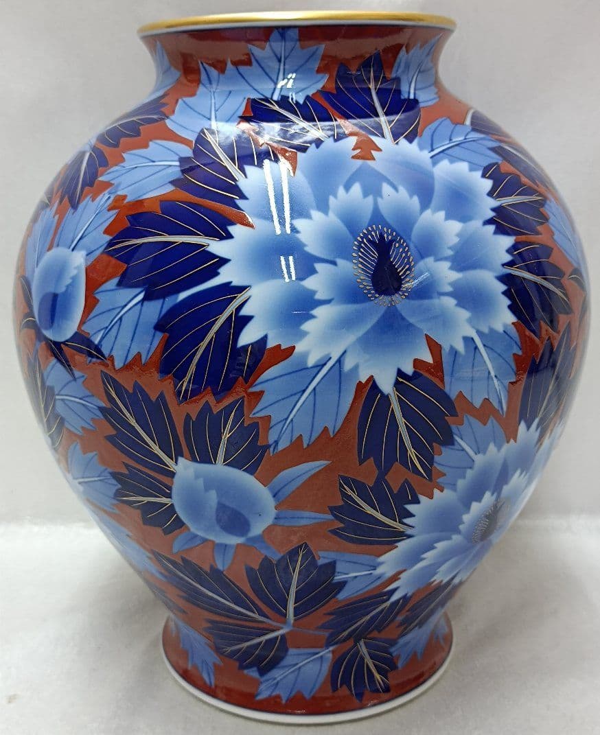 オールド香蘭社　レア陶印ロゴ金線　木蓮紋染付赤瑠璃金彩花瓶・飾り壺