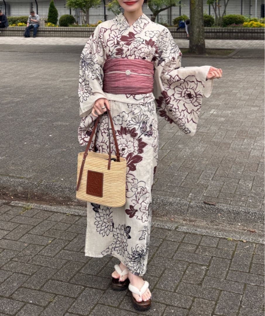 hinari × utatane浴衣セット 牡丹 ボルドー freeサイズ