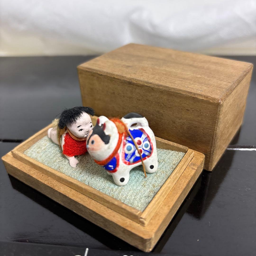 ❷アンティークハイハイ人形こま犬、亀ガラスケース桐箱童子大正昭和初期まとめて