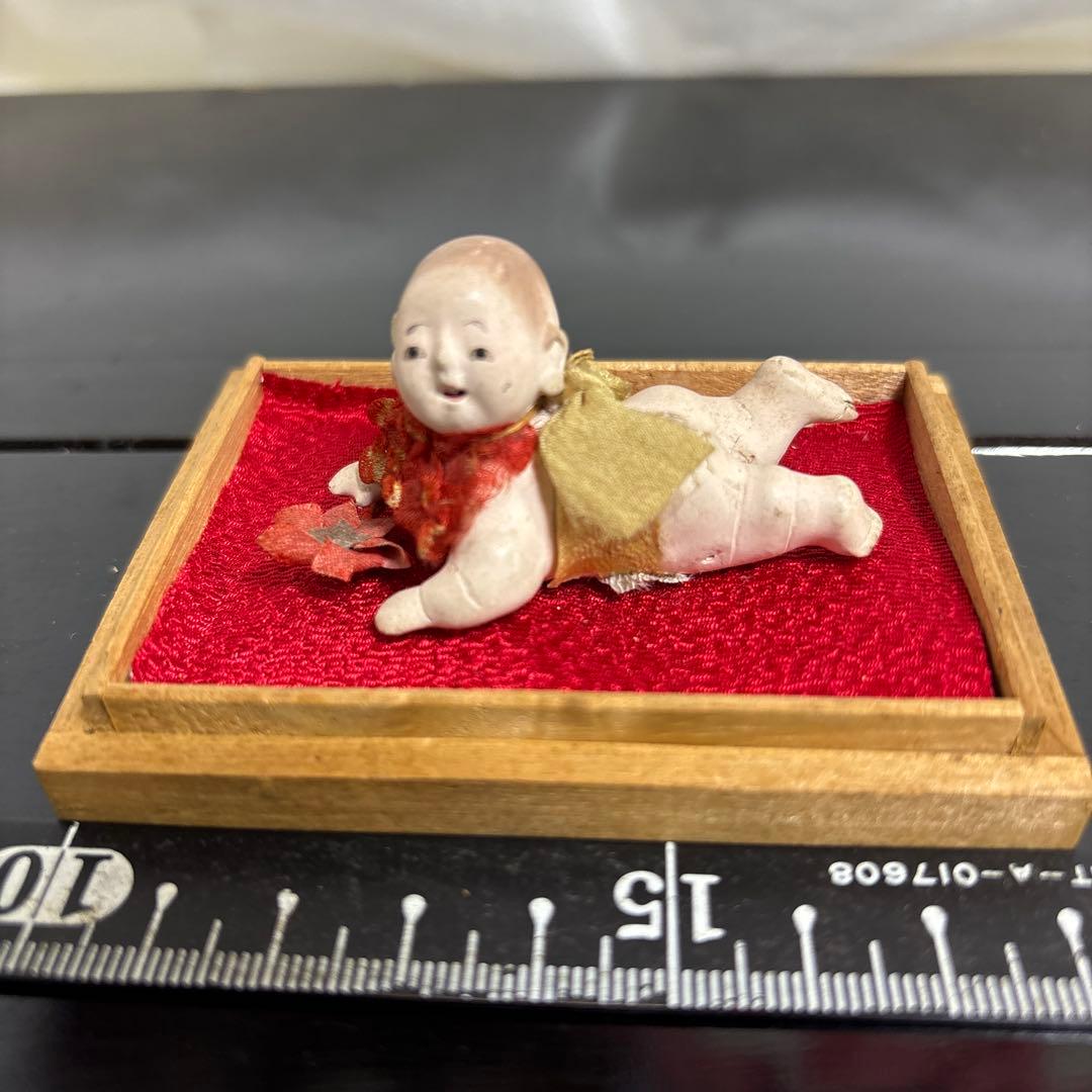 ❷アンティークハイハイ人形こま犬、亀ガラスケース桐箱童子大正昭和初期まとめて