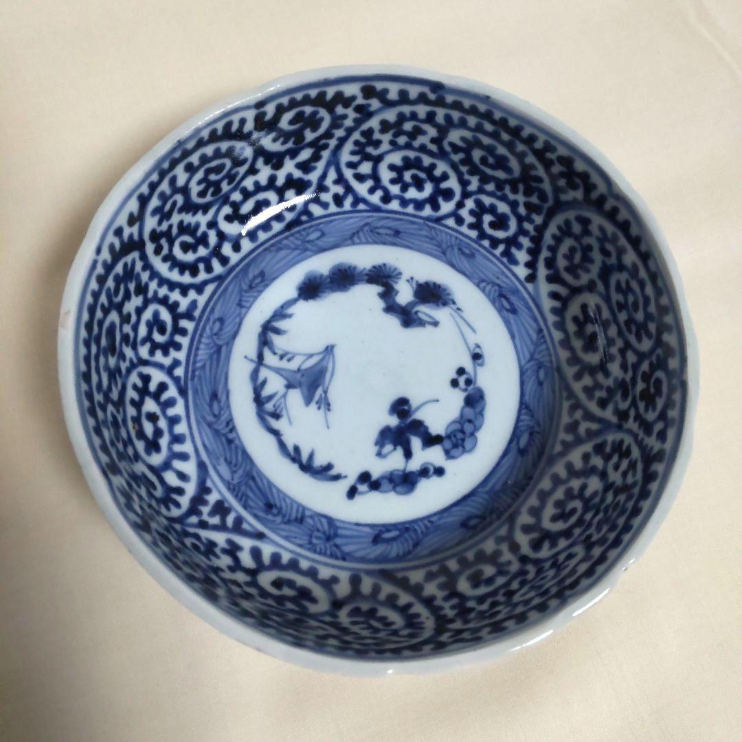 古伊万里 染付 たこ唐草 なます皿(2客) 富貴長春 時代物 骨董