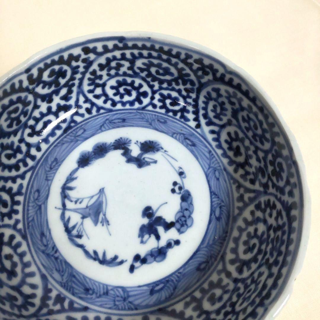 古伊万里 染付 たこ唐草 なます皿(2客) 富貴長春 時代物 骨董