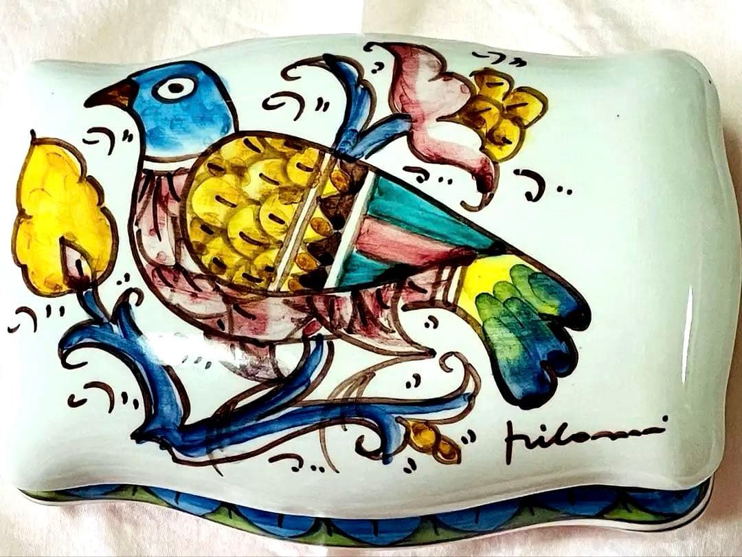イタリア製 マヨリカ焼 花瓶＆小物入れ 手描き鳥柄