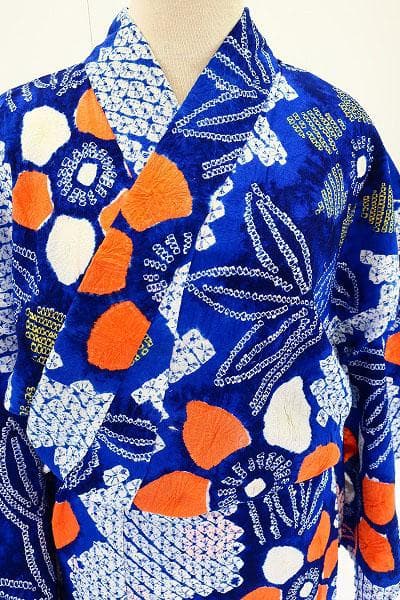 ★専用★浴衣 有松絞り 青 オレンジ 綿 花柄 身丈160cm バチ衿 お洒落
