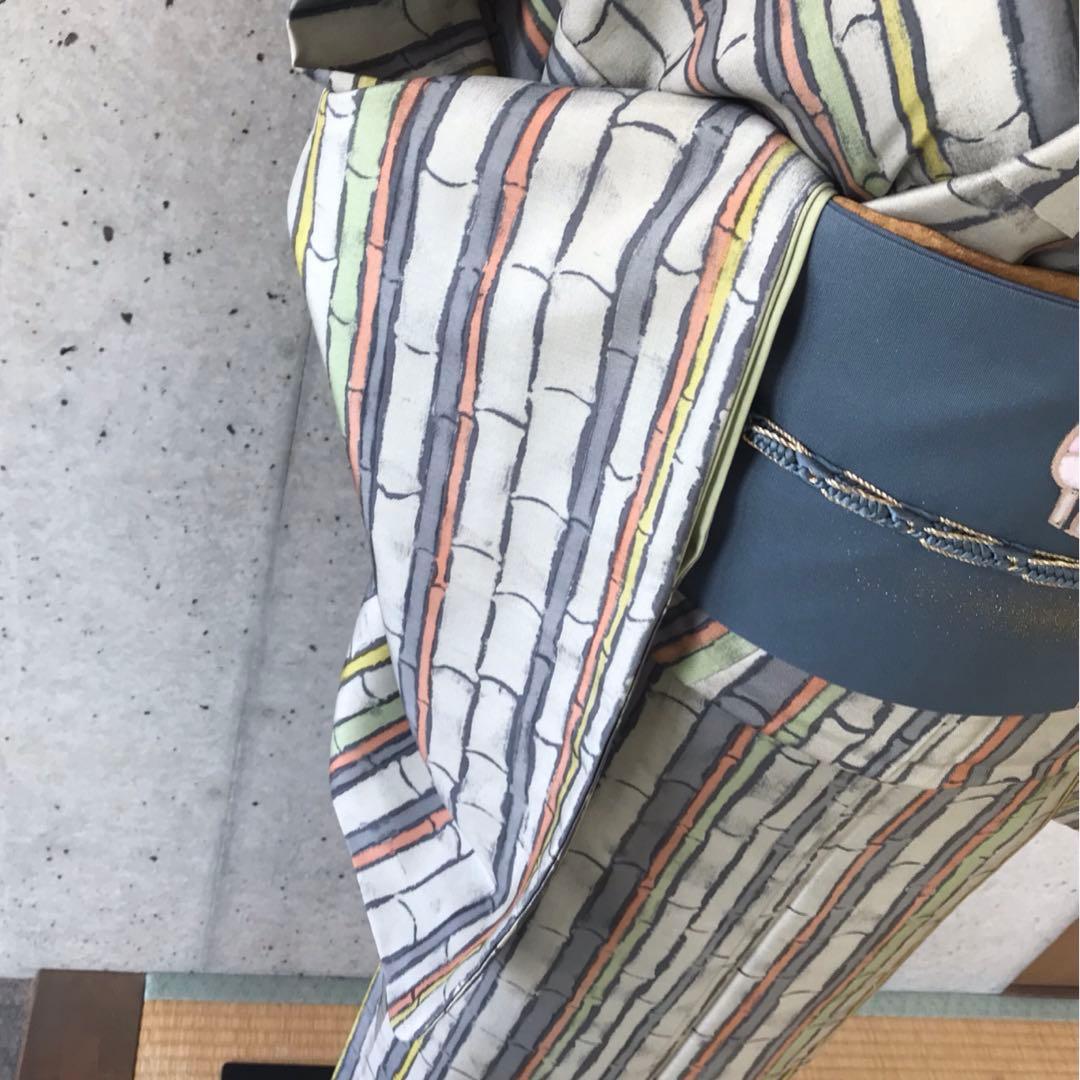 【竹柄】本場大島紬　デザイン柄　染　袷　落款　パールトーン加工