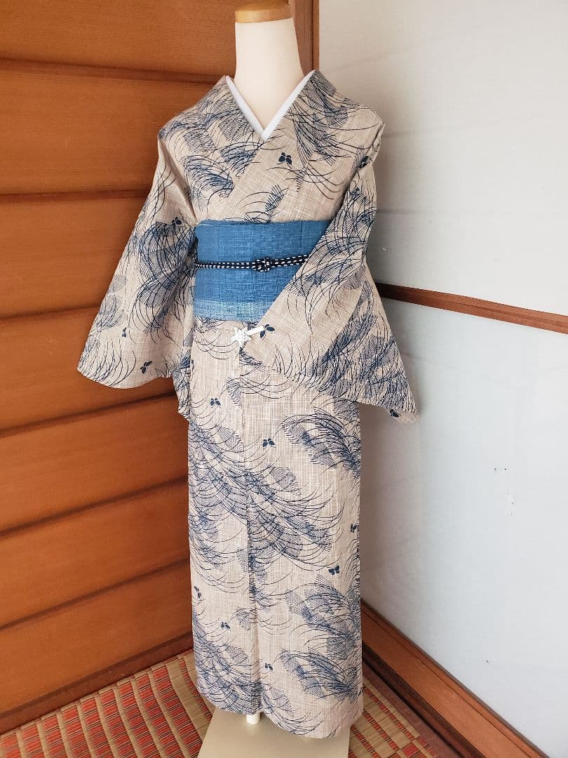 【麗しのふだんキモノ＊】奥州小紋風の浴衣　ベージュ×青　スモールサイズ　綿