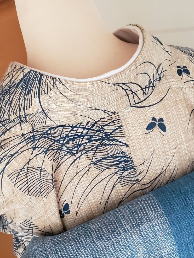 【麗しのふだんキモノ＊】奥州小紋風の浴衣　ベージュ×青　スモールサイズ　綿