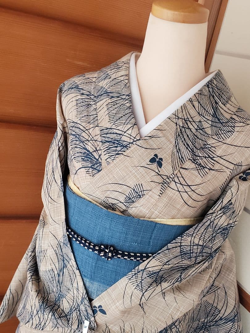 【麗しのふだんキモノ＊】奥州小紋風の浴衣　ベージュ×青　スモールサイズ　綿