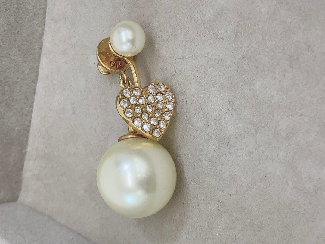 ★ディオール トライバル ピアス 片耳 ハート ラインストーン×フェイクパール
