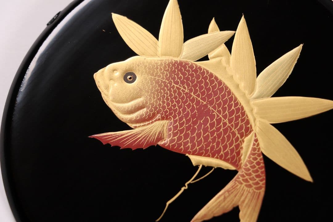 MA27 木製漆器 鍋形菓子椀 十客 鯛蒔絵 金蒔絵 色蒔絵 黒塗 木箱 魚