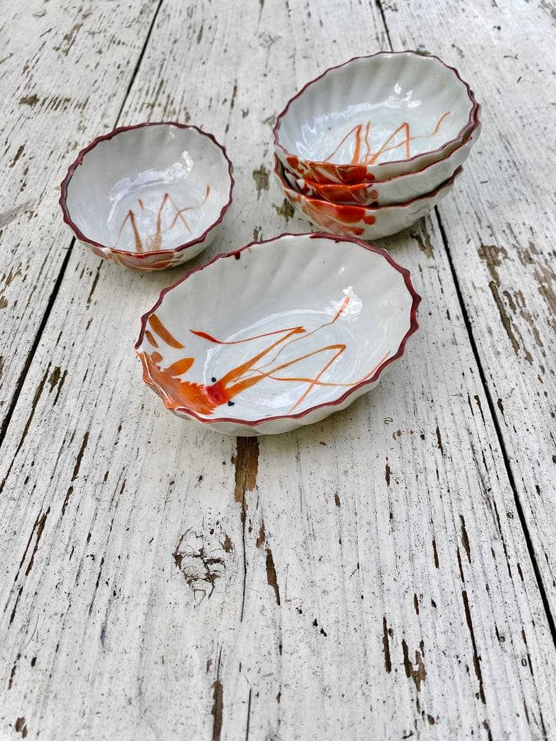 台湾 ヴィンテージ 海老絵付け 小皿 5枚セット 民藝 古道具 アンティーク