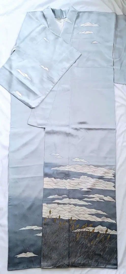 大人の着物海空柄雲水色紺色氷河青ネイビーブルー女袷着物グラデ付け下げ訪問着絵羽柄