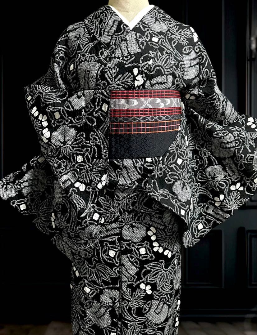 希少❣️トールサイズ✨宝尽くし　黒に白 有松鳴海絞り浴衣逸品‼️新品美品‼️