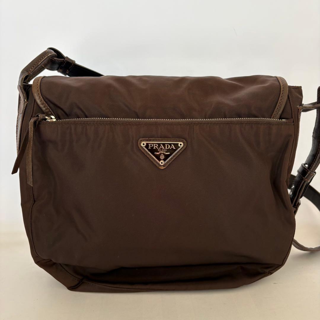 PRADA プラダ 三角ロゴ ショルダーバッグ レザー ブラウン ナイロン