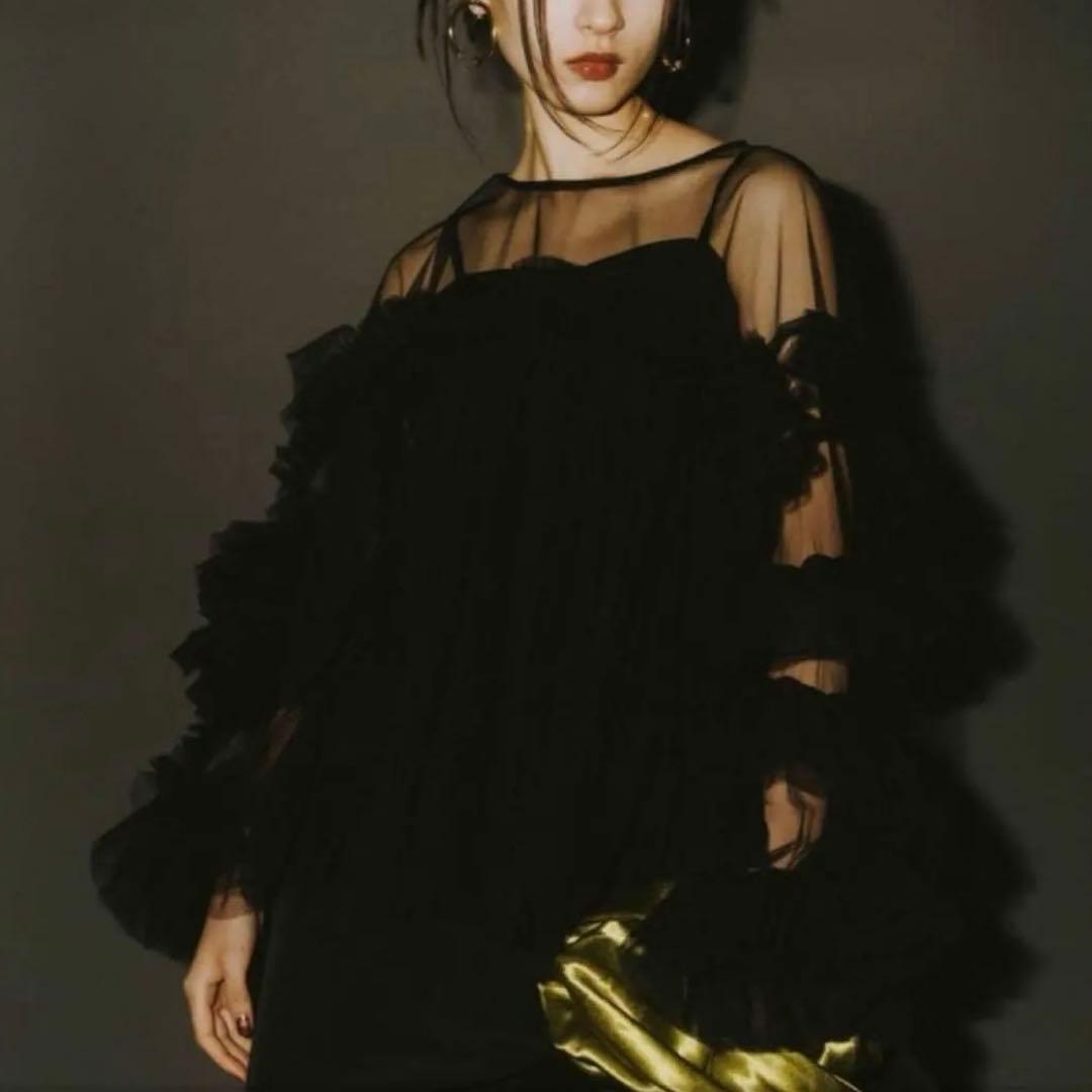 【新品タグ付き】ANDRESD／チュールレース ギャザー ブラウス／ブラック／Ｆ