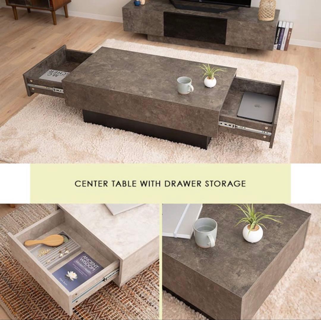 EMOOR 引出し収納付きセンターテーブル グレー