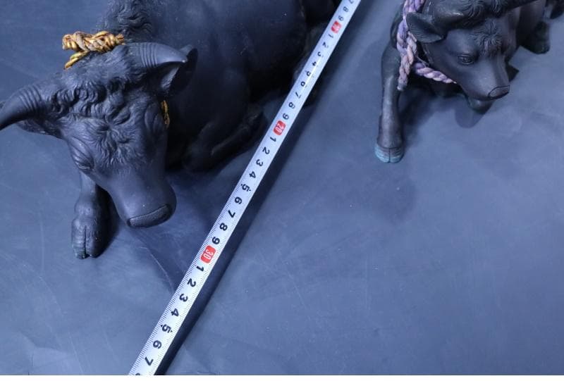 高岡銅器◆鋳銅古銅【夫婦牛】床置き　全幅33㎝/28㎝　重さ4.2キロ/2キロ