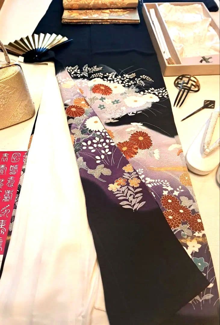 美品❇️豪華黒留袖　手描友禅暈し染め ５つ紋　比翼仕立て　ブルセット