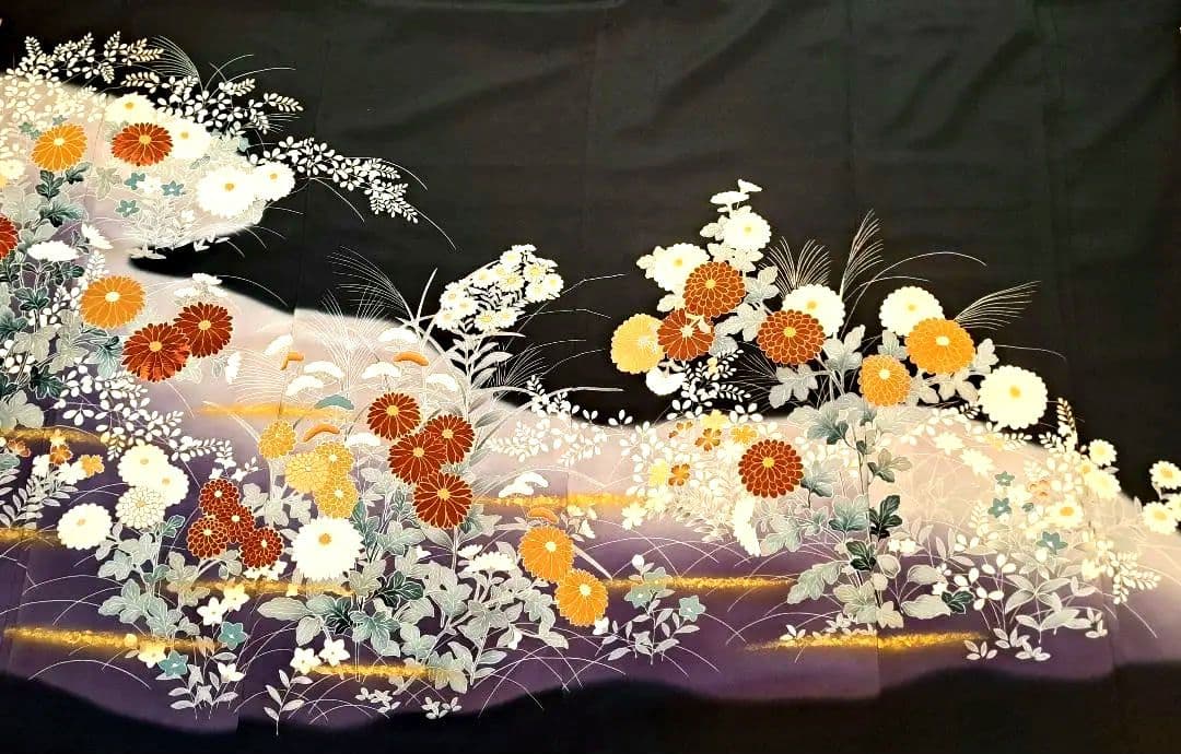 美品❇️豪華黒留袖　手描友禅暈し染め ５つ紋　比翼仕立て　ブルセット