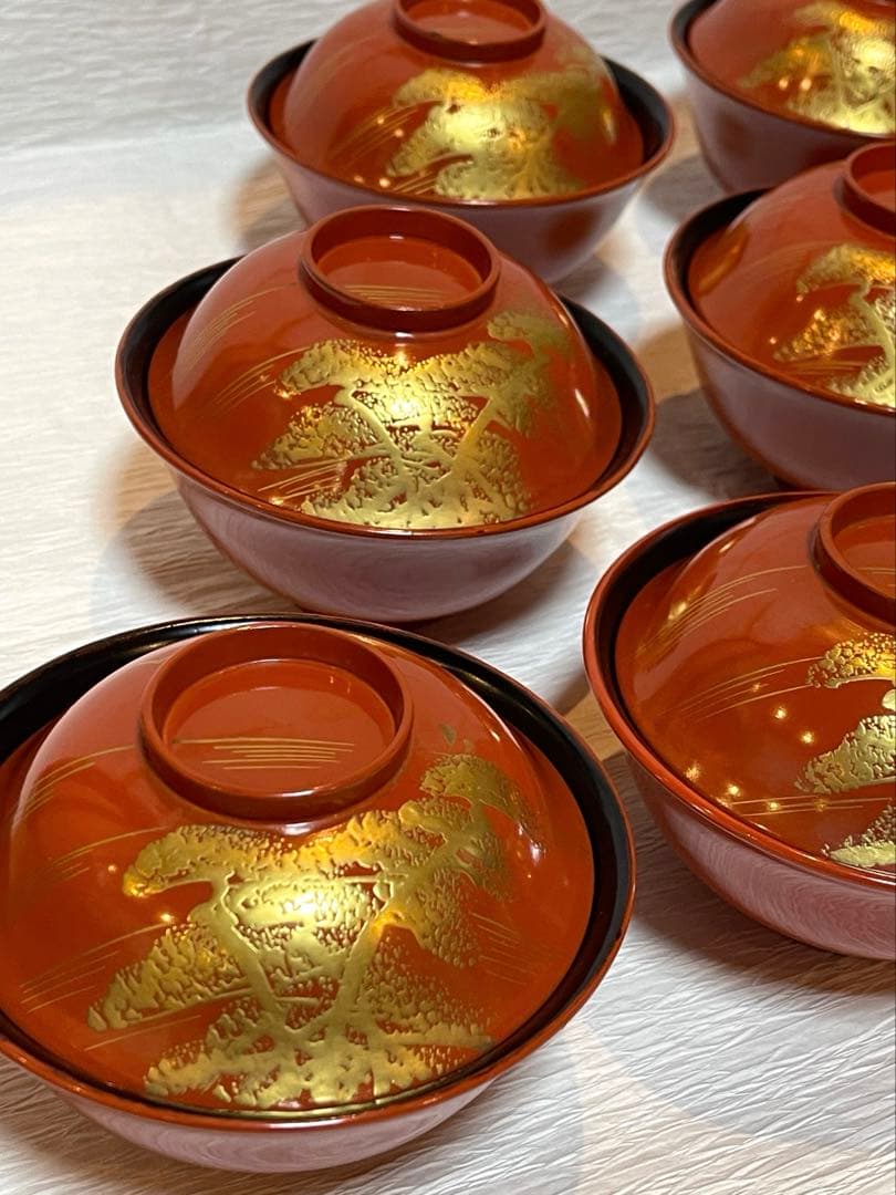 時代　漆器 吸物椀 10個セット 赤色 金蒔絵173