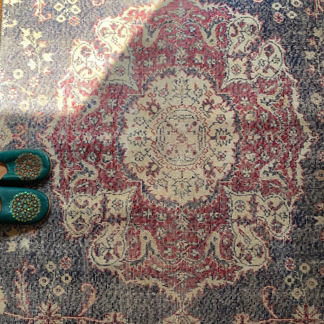 大判　ロング　251×112 トルコヴィンテージラグ　インディゴ　ローズレッド