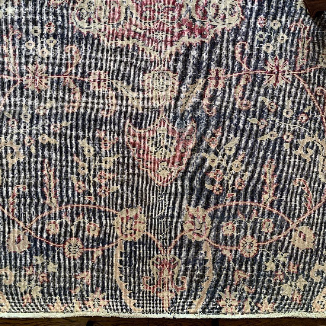 大判　ロング　251×112 トルコヴィンテージラグ　インディゴ　ローズレッド