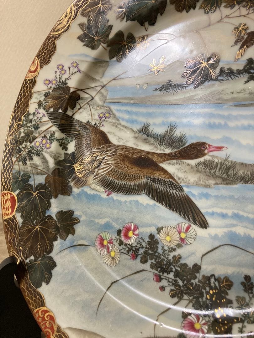 明治　手描き　夫婦雁と牡丹　大皿　2枚　縁起　時代　〈検 横濱焼　隅田焼　眞葛焼