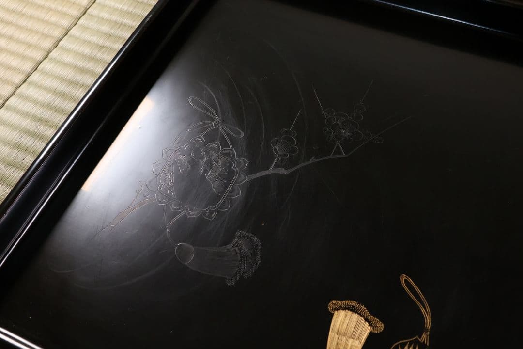 大正 本堅地 黒艶消 風鎮松竹梅 沈金 会席膳 十客 木製漆器【CM182】