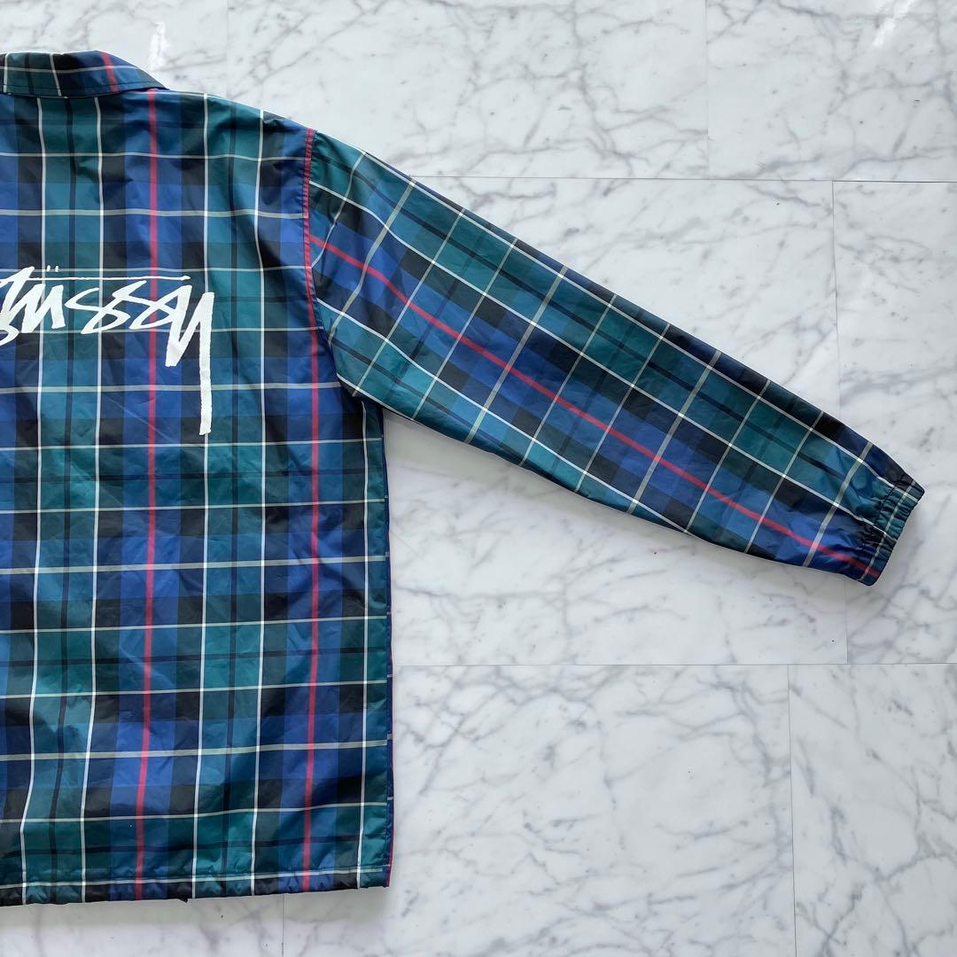 【美品✨】Stussy チェック柄 コーチジャケット ロゴ刺繍 緑 Mサイズ