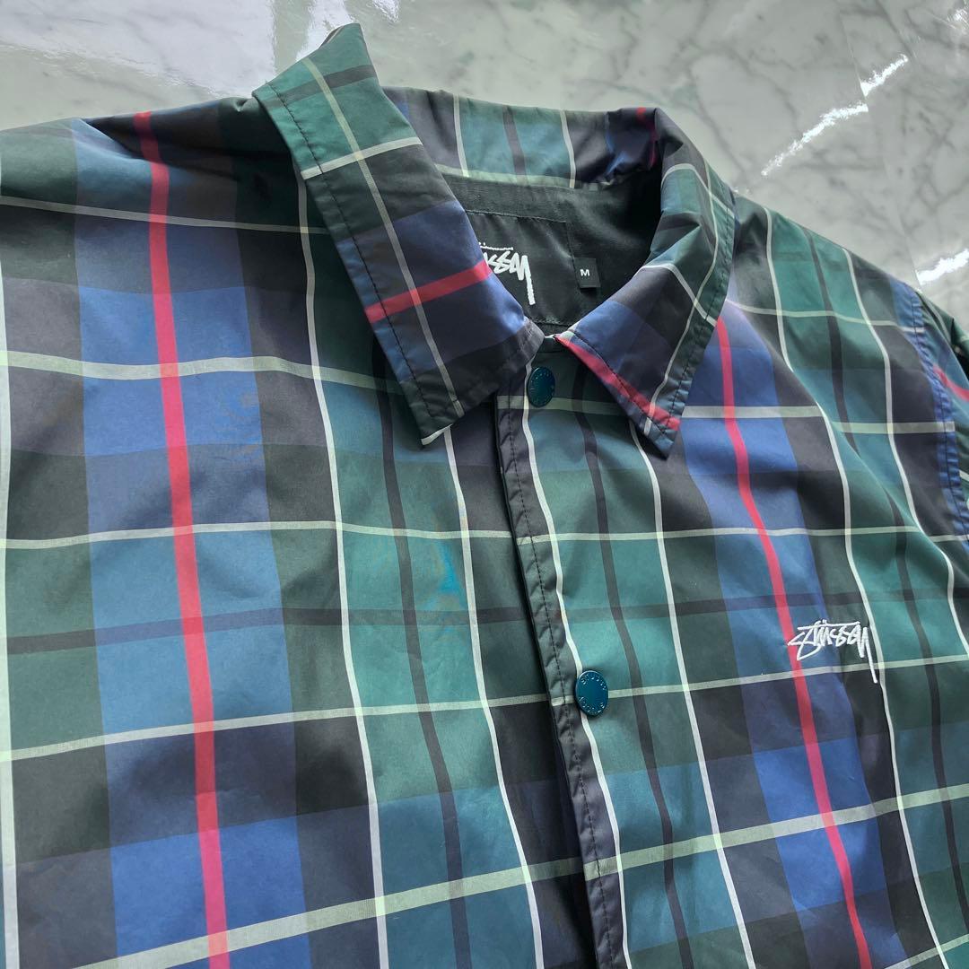 【美品✨】Stussy チェック柄 コーチジャケット ロゴ刺繍 緑 Mサイズ