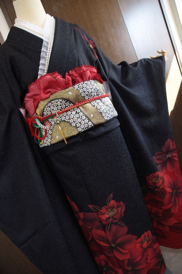 振袖フルセット 美品　黒と赤 モダン クール