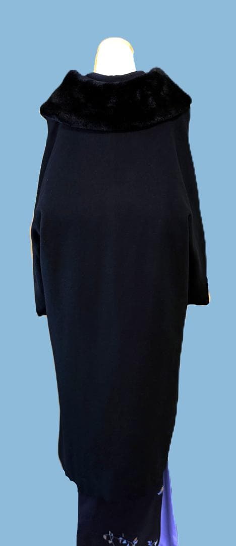 撫松庵　アンゴラ混ファー付きウール着物コート　黒　裄丈７３.５　身丈１０７