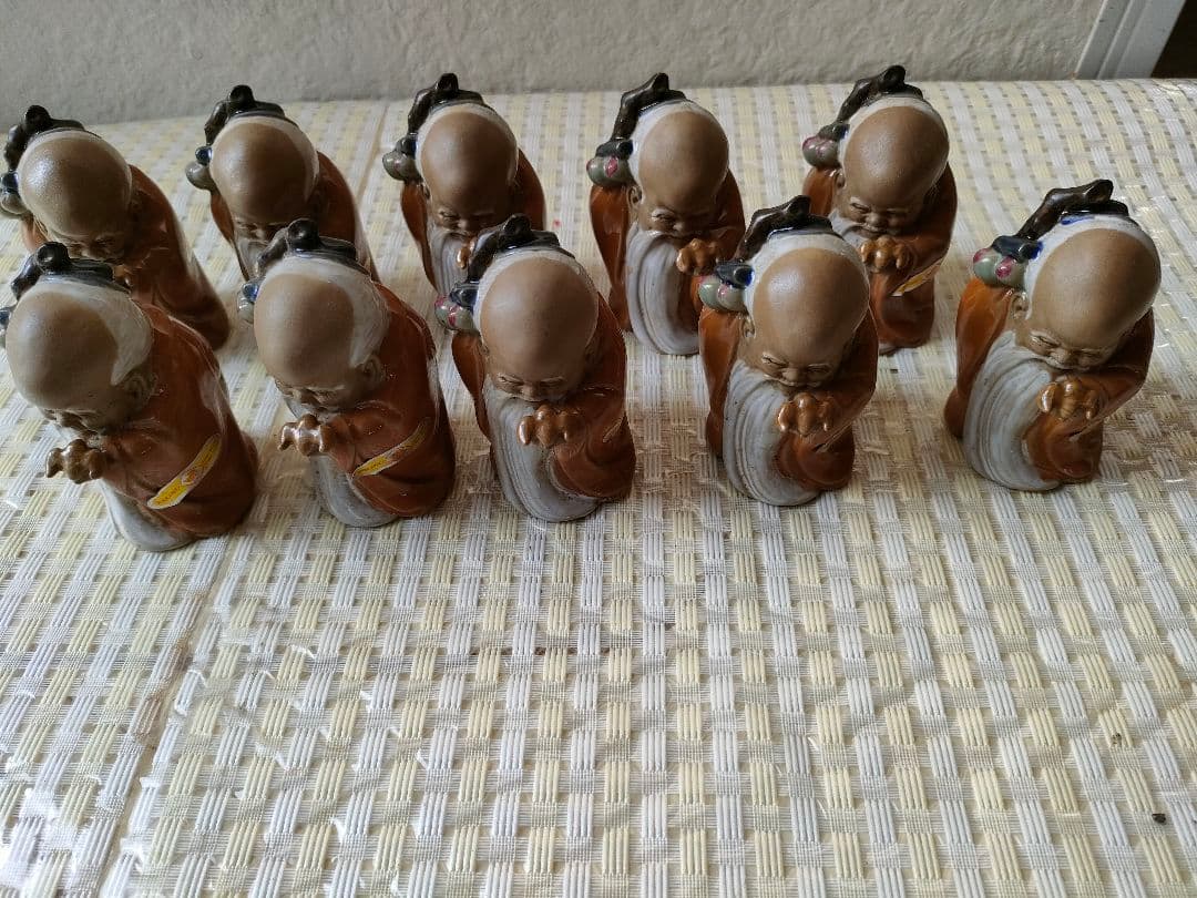 ●中国縁起物仙人像人形10体セット陶器置物福禄寿寿老人民芸品開運風水まとめ売り