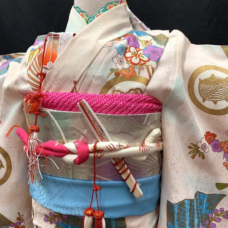 601ag27□七五三 七歳 セミアンティーク 女児 着物&袋帯 扇に花□良好