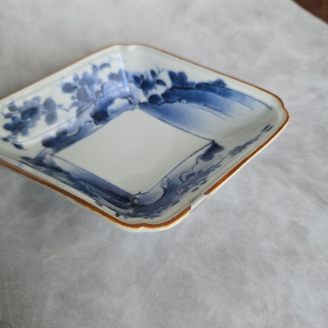 古伊万里　染付　隅入菱皿　小皿　江戸時代　金直し　金継ぎ　骨董　アンティーク