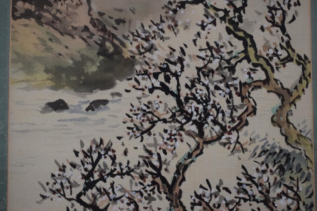 【真作】秋峰/梅花山水図/山家梅花図/掛軸☆宝船☆Y-686　JM