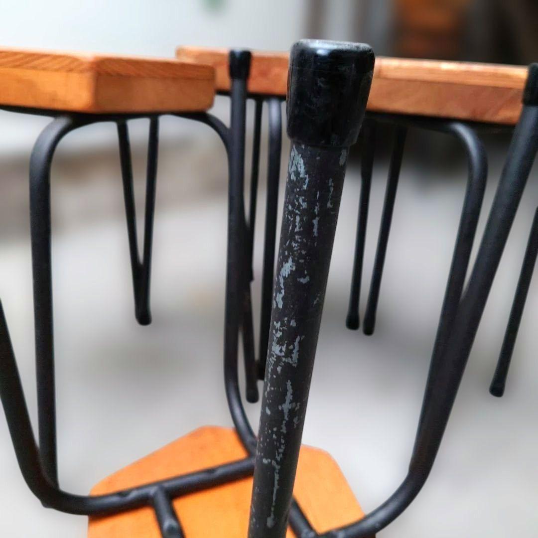 其のニ 古材パッチワーク椅子 スツール 鉄脚 正六角形 4点セット 古道具