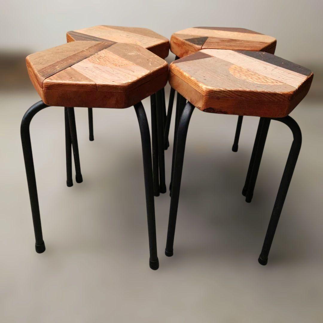 其のニ 古材パッチワーク椅子 スツール 鉄脚 正六角形 4点セット 古道具