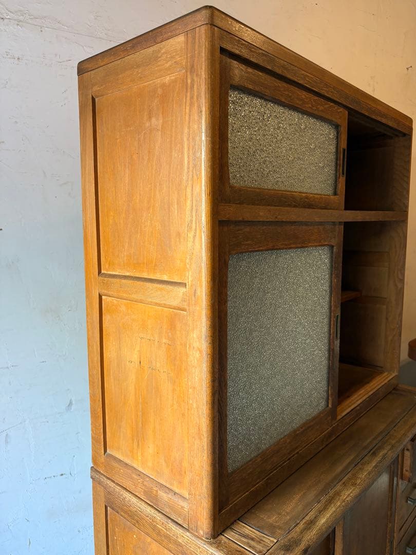 ダイヤガラス 作業台付き　レトロ 木製 キャビネット 水屋 食器棚 アンティーク