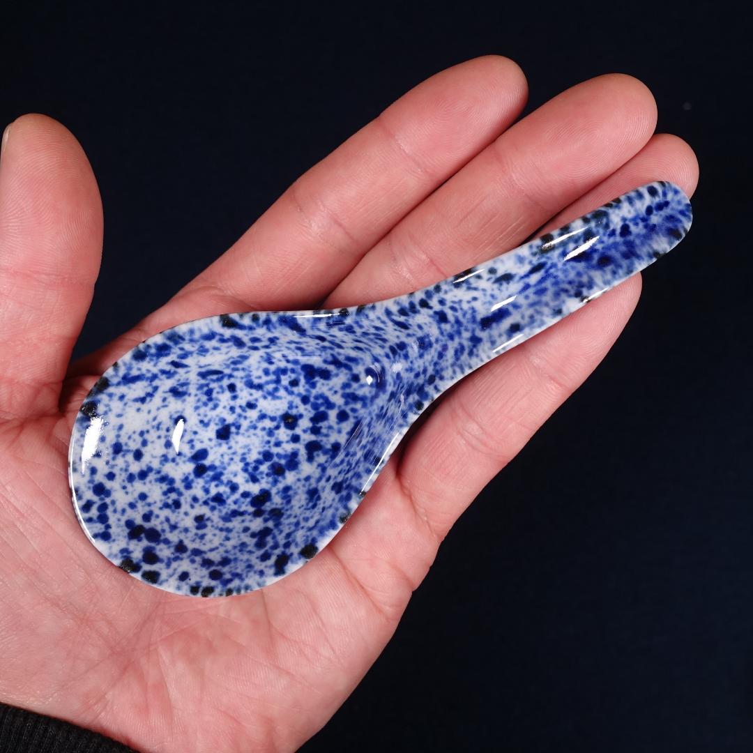 京焼 川尻一寛 禎山窯 染付 吹墨 レンゲ形 珍味入 10客 台座付