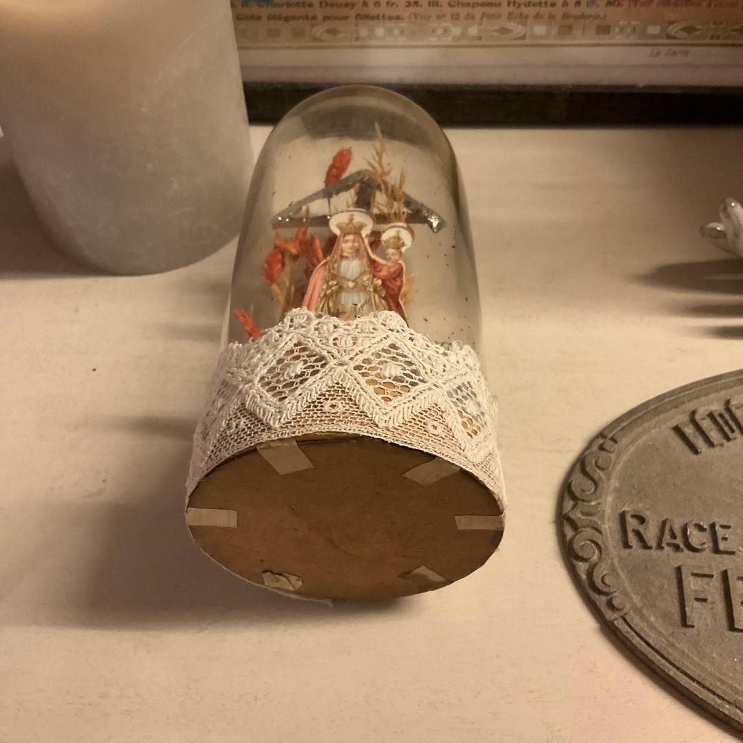 フランスアンティーク　ガラスドーム　聖母子　天使　クロモス　オブジェ　クリスマス