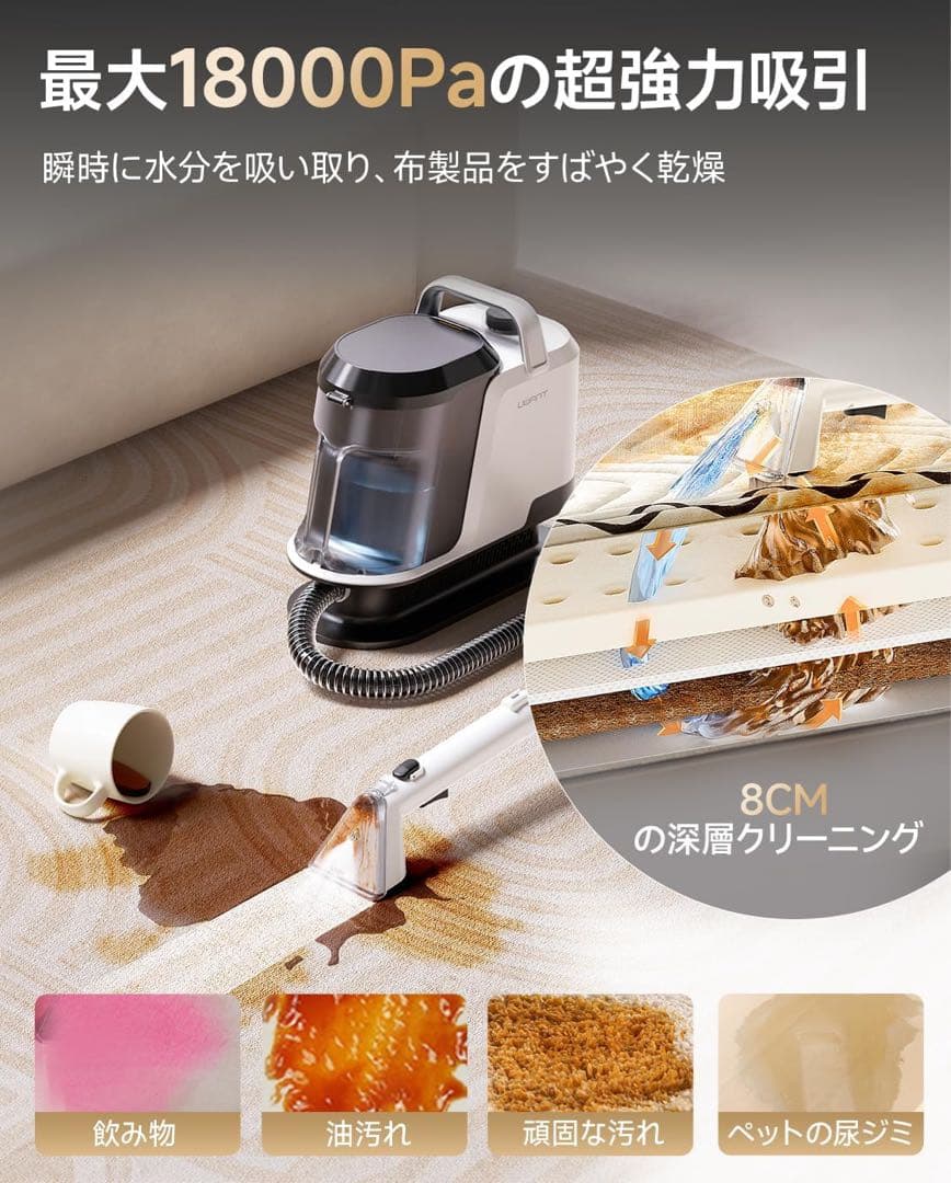 リンサークリーナー 18000Pa超強吸引力 カーペットクリーナー 大容量タンク