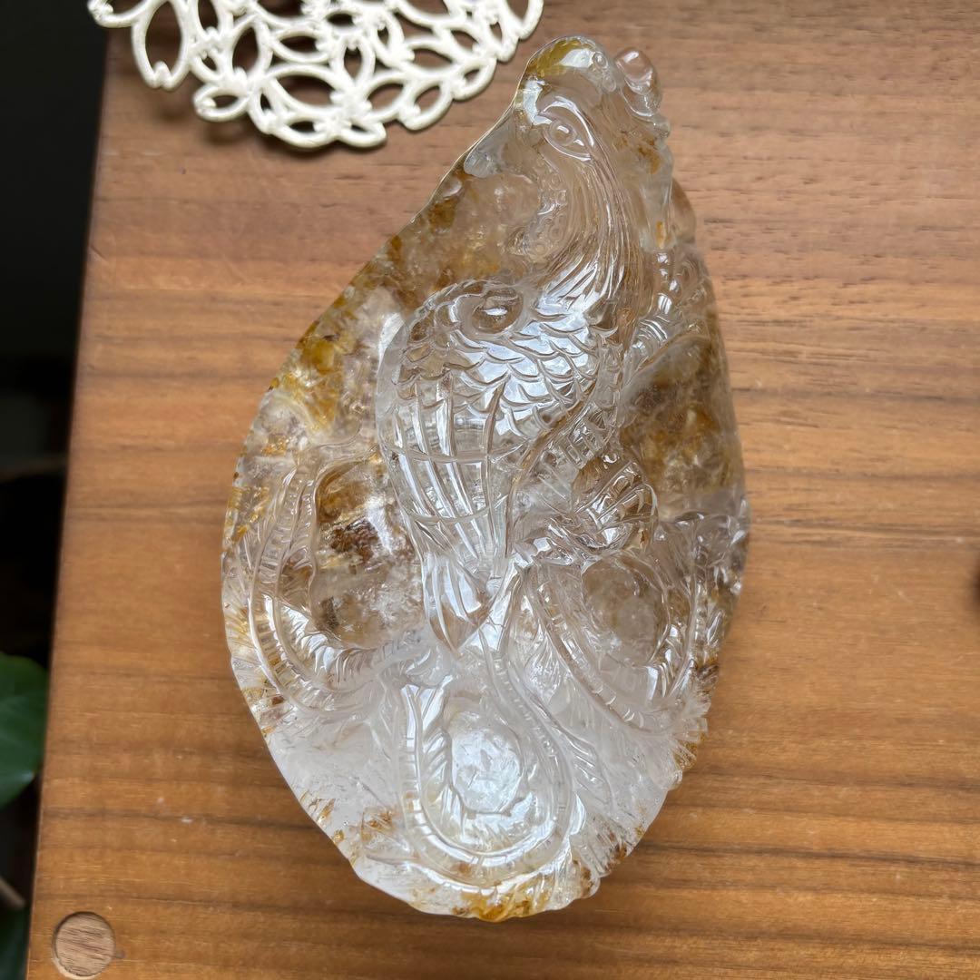 天然石 ゴールデンヒラー共生水晶 鳳凰 置物663g
